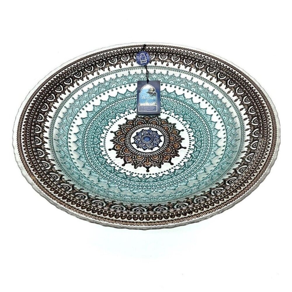 Turkish Glass Glass Round Bowl Dinner Display Silver Blue Oriental Lace 16” W XL - Picture 8 of 10